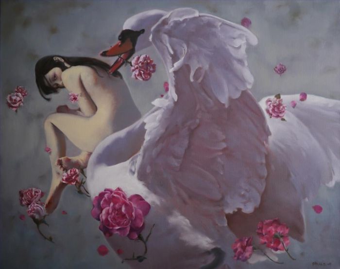 Pang Bo's Contemporary Oil Painting - Rida and Goose 2