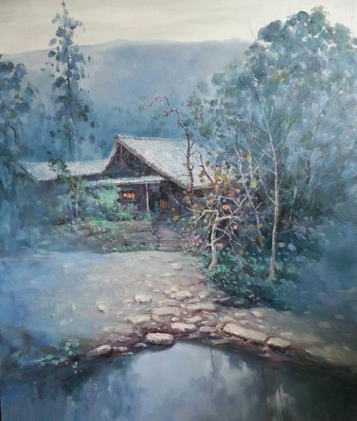Qian Ruoyu's Contemporary Oil Painting - Household in The Mountain