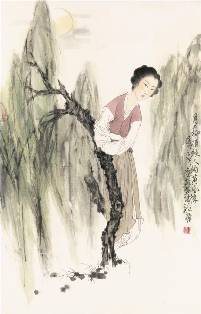 Ruan Lirong's Contemporary Chinese Painting - Moonlight Over Willow Tree