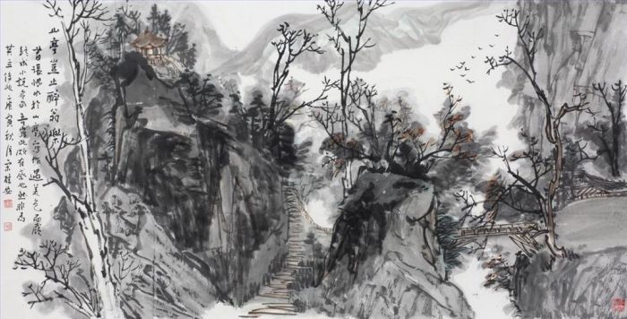 Song Guian's Contemporary Chinese Painting - Mountain Pavilion and The Happy Drunken Poet