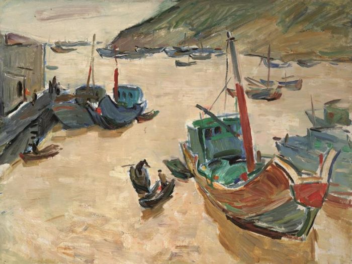 Song Xianzhen's Contemporary Oil Painting - A Fishing Port in Shitang
