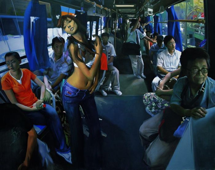 Tan Zidong's Contemporary Oil Painting - Illusion in The Bus 2007