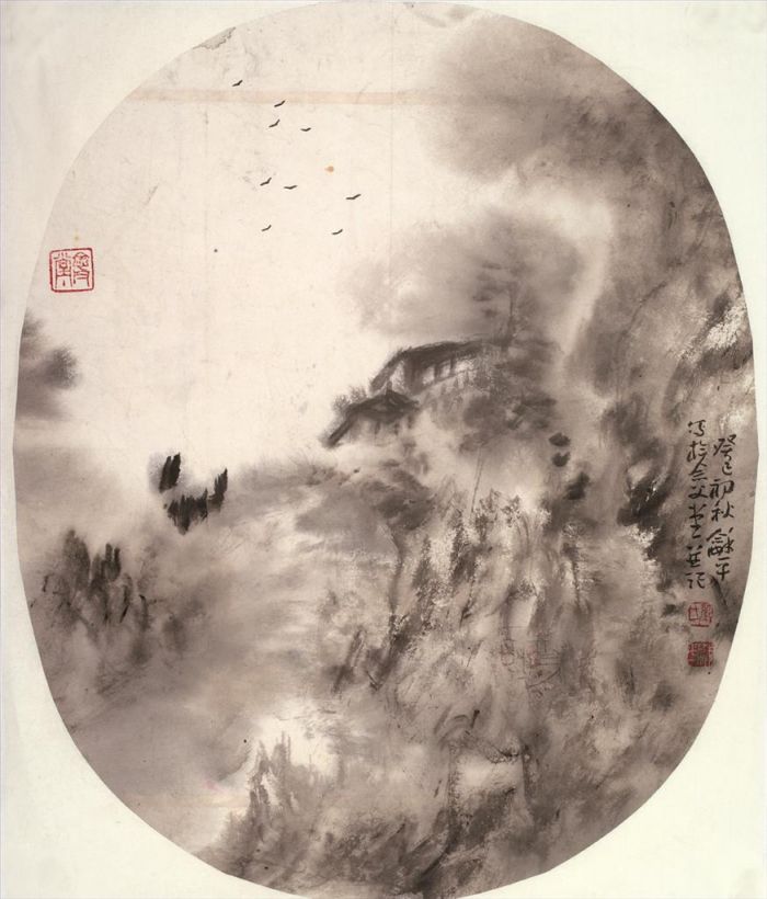 Tong Heping's Contemporary Chinese Painting - Ink Painting Landscape Circular Fan