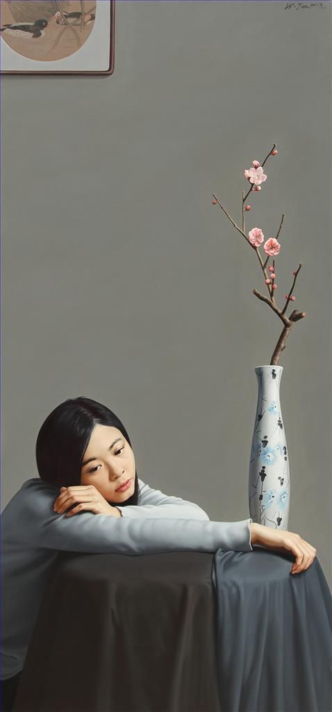 Wang Jun's Contemporary Oil Painting - Boudoir Repinings Peach Blooms Again