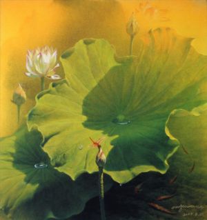 Contemporary Oil Painting - Lotus and Fish