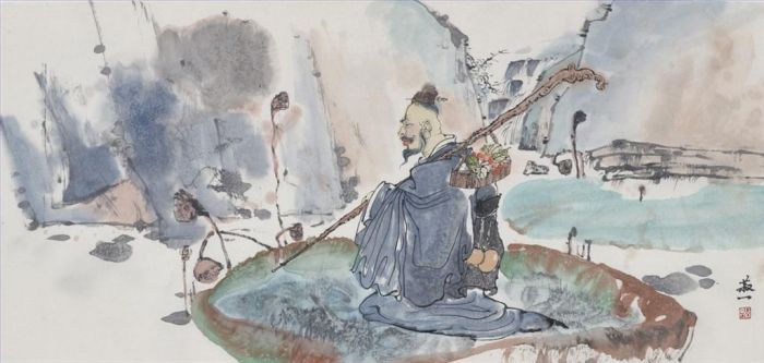 Wang Shuyi's Contemporary Chinese Painting - An Old Man'S Gathering Lotus