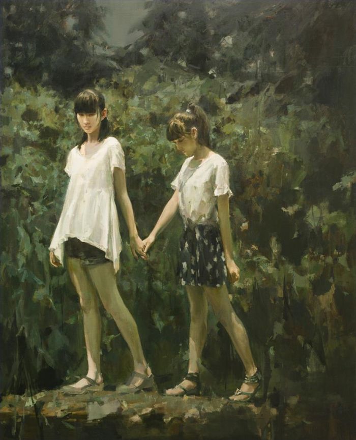 Wu Dayong's Contemporary Oil Painting - Girls Passing Through The Stream