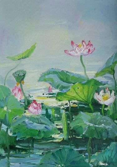 Wu Guoran's Contemporary Oil Painting - Lotus Pond