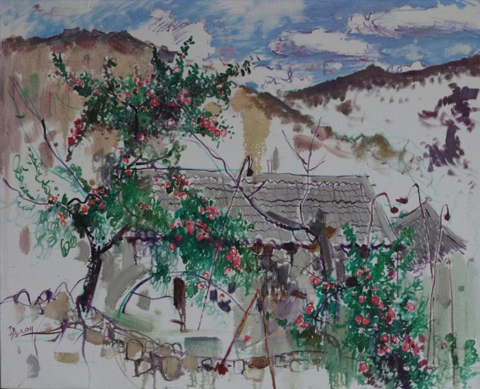 Wu Xiaojiang's Contemporary Chinese Painting - An Apple Tree in Front of A Farmhouse
