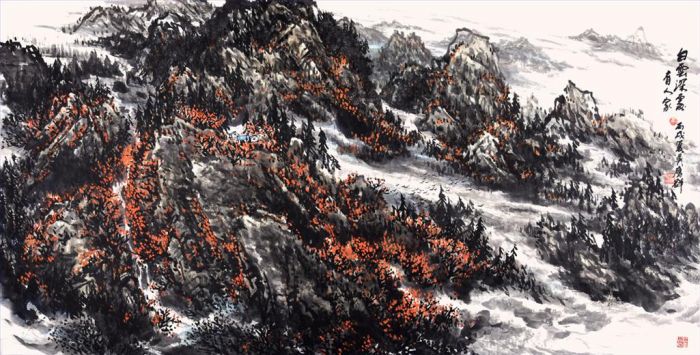 Wu Yingqun's Contemporary Chinese Painting - There Is Household in The Remote Mountain Top
