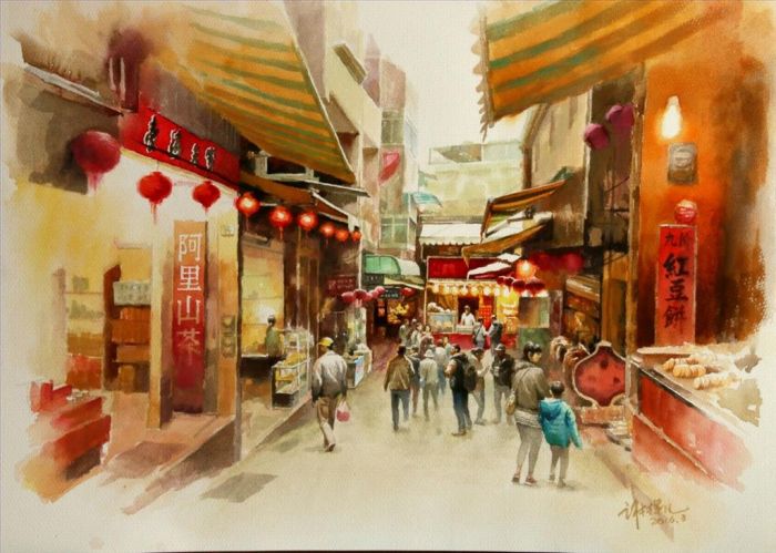 Xie Huifan's Contemporary Oil Painting - An Old Alley in The Mountain City Jiufen