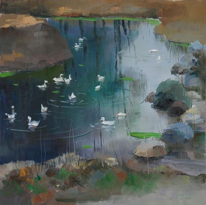 Xie Lantao's Contemporary Oil Painting - Warming Spring in The Lake