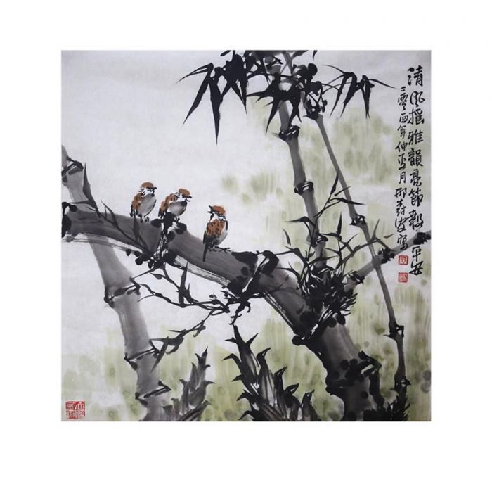 Xing Shu’an's Contemporary Chinese Painting - Bamboo and Sparrow