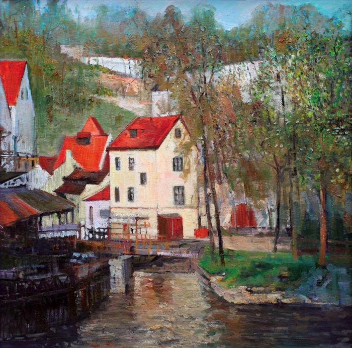 Yu Chen's Contemporary Oil Painting - A Small Town in Czech Republic