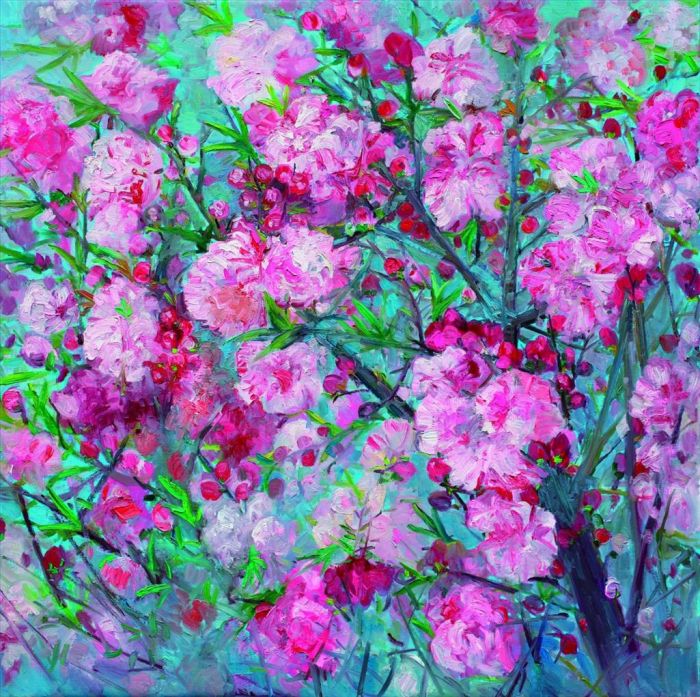 Yu Chen's Contemporary Oil Painting - Peach Red and Spring Comes