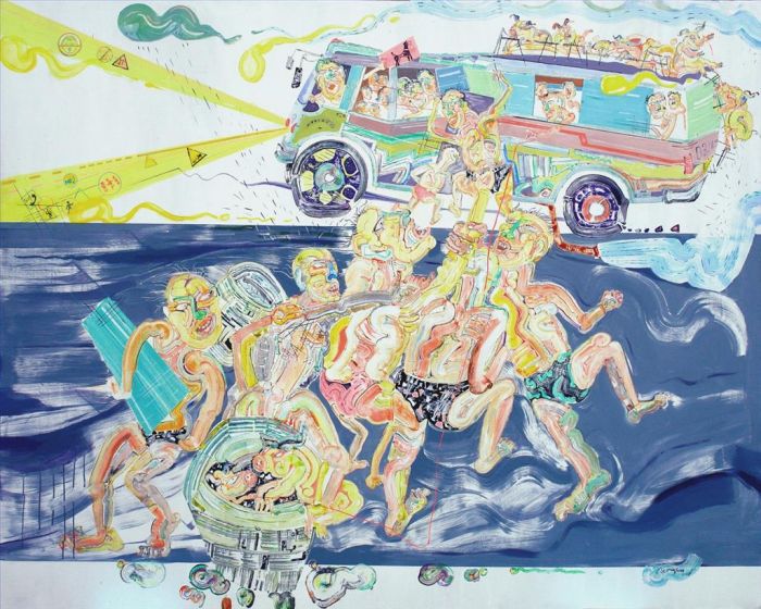 Zeng Yang's Contemporary Oil Painting - Grassroot People Squeeze Into The Crowded Bus