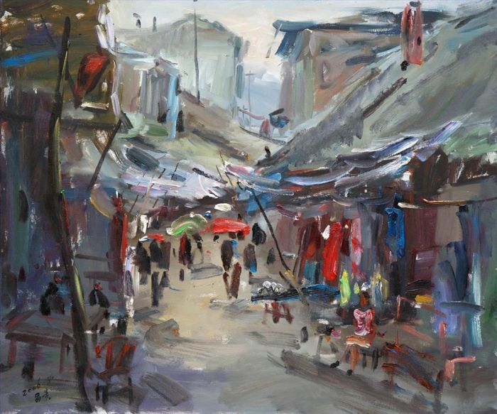 Zhang Changgui's Contemporary Oil Painting - Bazaar in A Small Town