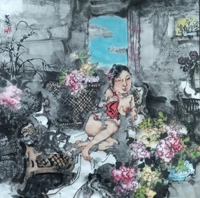 Zhang Zhichao's Contemporary Chinese Painting - A Beauty Among The Flowers