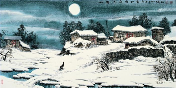 Zhao Chunqiu's Contemporary Various Paintings - Moonlight Over The Snowfield in The Mountain Village