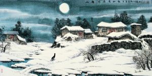 Contemporary Artwork by Zhao Chunqiu - Moonlight Over The Snowfield in The Mountain Village