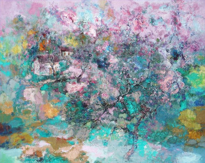 Zhou Maodong's Contemporary Oil Painting - Illusional Peach Blossom