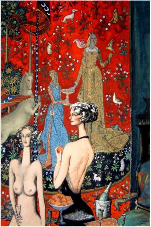 Contemporary Chinese Painting - Noblewomen and Unicorn Gustation