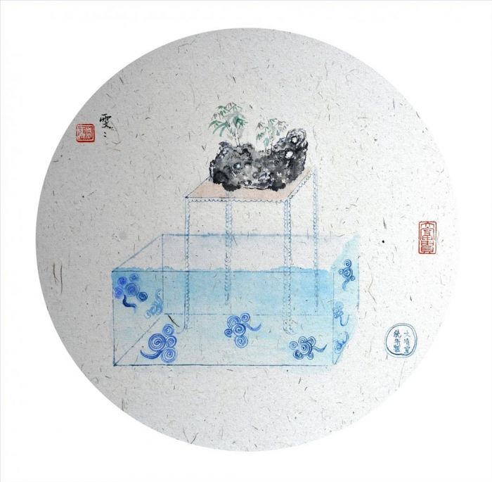 Zhou Wenwen's Contemporary Chinese Painting - Blue and White Porcelain 4 The Legend of A Mountain Stone