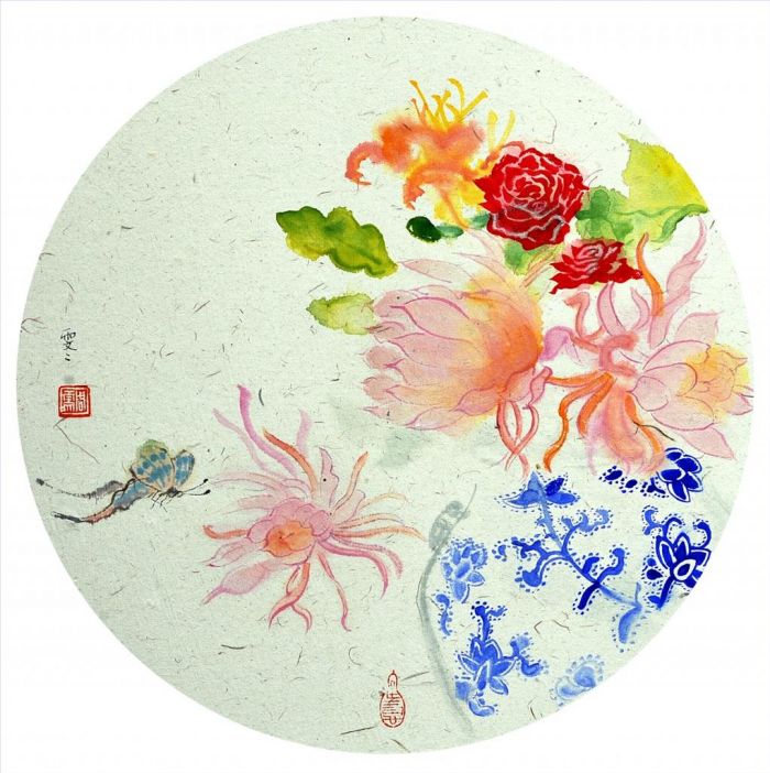 Zhou Wenwen's Contemporary Chinese Painting - Blue and White Porcelain Series Flowers Birds and Butterfly
