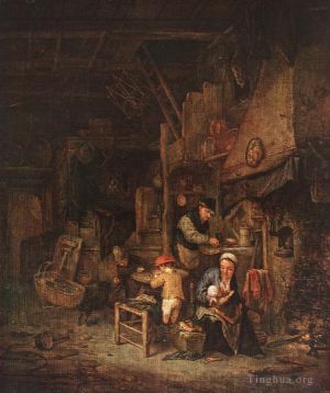 Artist Adriaen van Ostade's Work - Interior With A Peasant Family