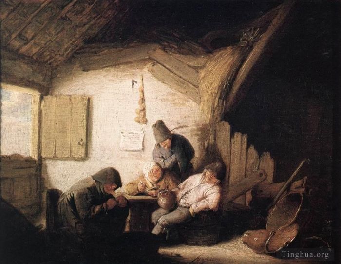 Adriaen van Ostade Oil Painting - Village Tavern With Four Figures