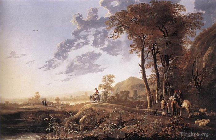 Aelbert Cuyp Oil Painting - Evening landscape With Horsemen And Shepherds