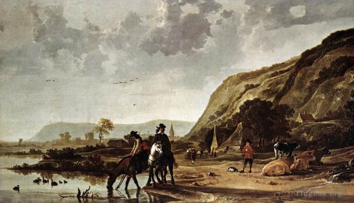 Aelbert Cuyp Oil Painting - Large River Landscape With Horsemen