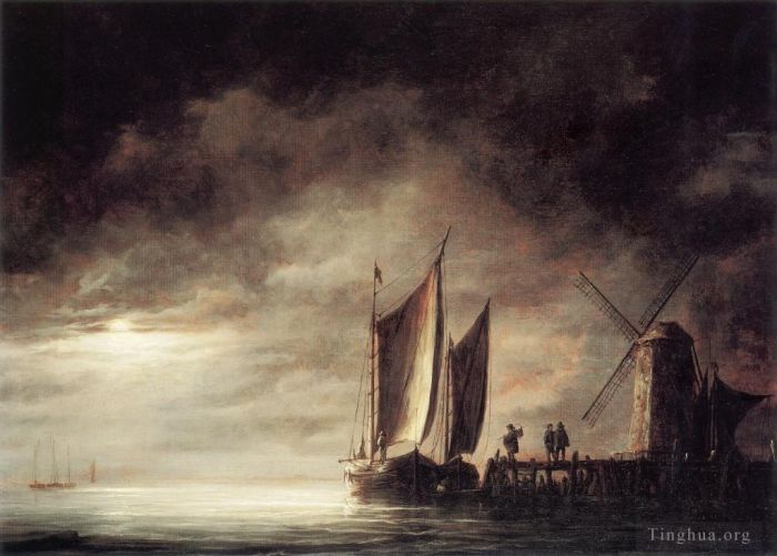 Aelbert Cuyp Oil Painting - Moonlight seascape scenery painter Aelbert Cuyp
