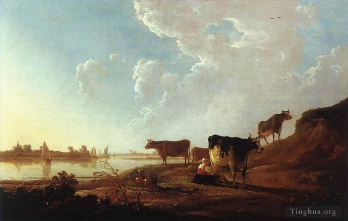 Aelbert Cuyp Oil Painting - River Scene With Milking Woman
