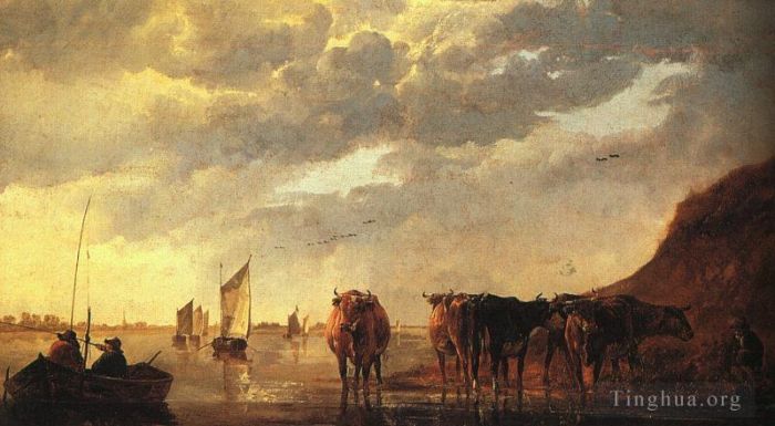 Aelbert Cuyp Oil Painting - Herdsman With Cows By A River