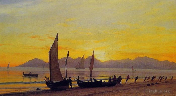 Albert Bierstadt Oil Painting - Boats Ashore At Sunset luminism