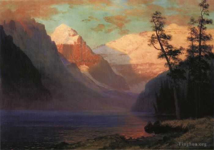 Albert Bierstadt Oil Painting - Evening Glow Lake Louise