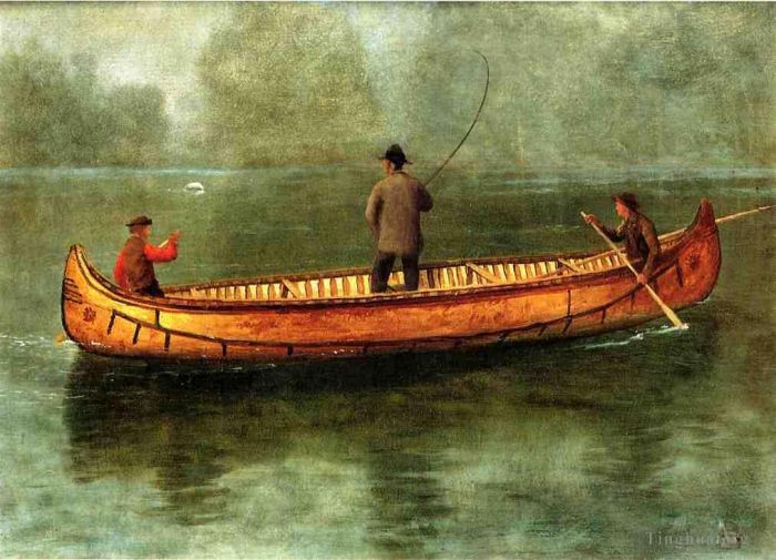 Albert Bierstadt Oil Painting - Fishing from a Canoe luminism seascape