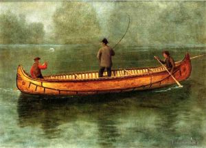 Artist Albert Bierstadt's Work - Fishing from a Canoe luminism seascape