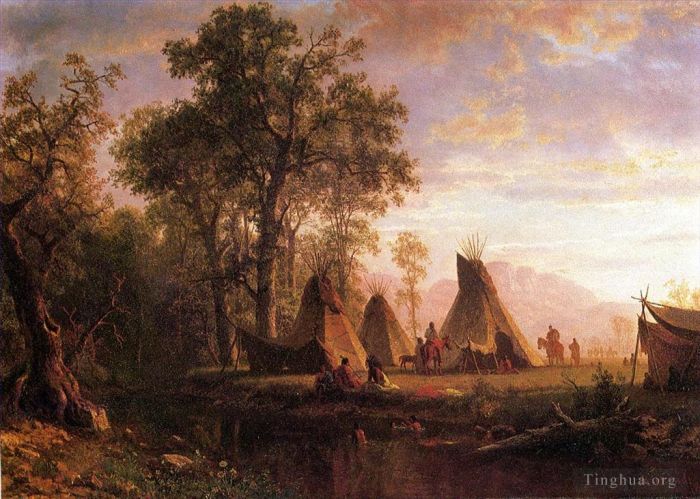 Albert Bierstadt Oil Painting - Indian Encampment Late Afternoon
