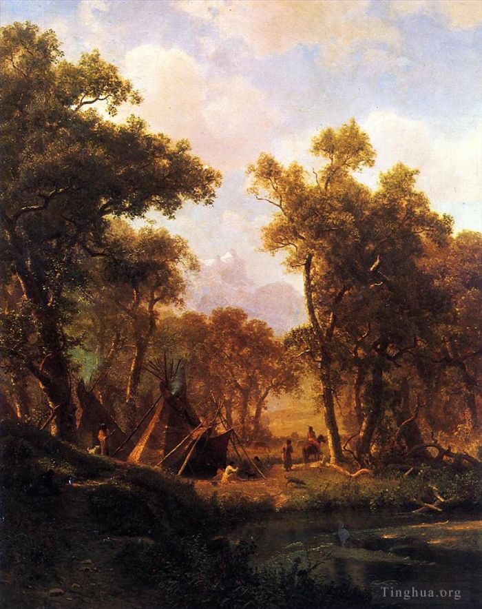 Albert Bierstadt Oil Painting - Indian Encampment Shoshone Village