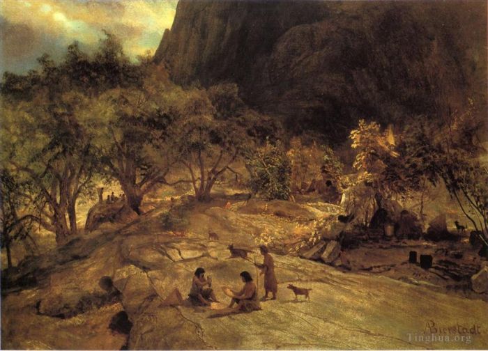 Albert Bierstadt Oil Painting - Mariposa Indian Encampment Yosemite Valley California