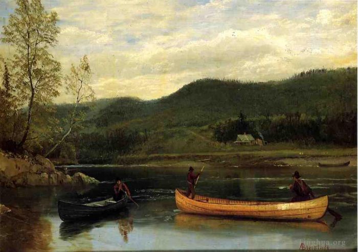 Albert Bierstadt Oil Painting - Men in Two Canoes