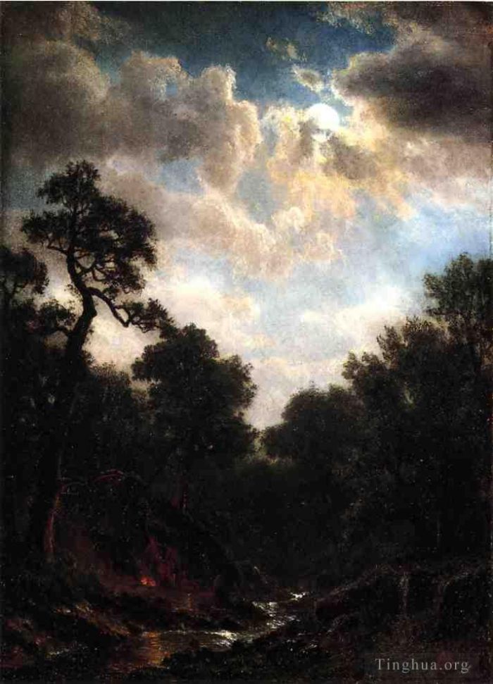 Albert Bierstadt Oil Painting - Moonlit Landscape