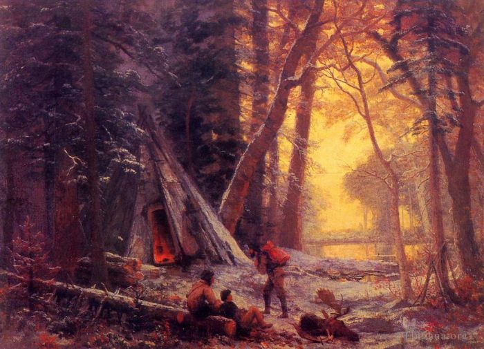 Albert Bierstadt Oil Painting - Moose HuntersCamp