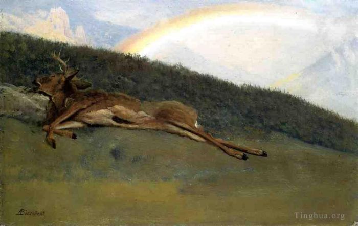 Albert Bierstadt Oil Painting - Rainbow over a Fallen Stag luminism