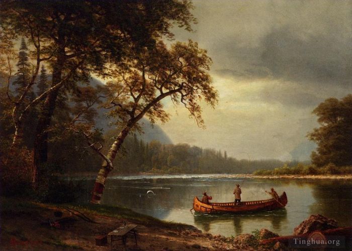 Albert Bierstadt Oil Painting - Salmon Fishing on the Cascapediac River