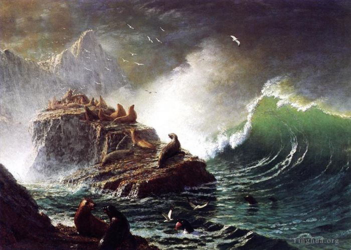 Albert Bierstadt Oil Painting - Seals on the Rocks Farallon Islands luminism seascape