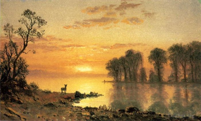 Albert Bierstadt Oil Painting - Sunset Deer and River