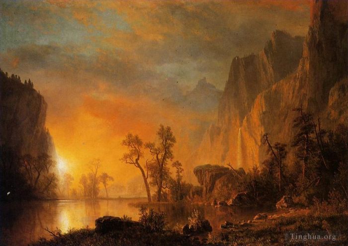 Albert Bierstadt Oil Painting - Sunset in the Rockies